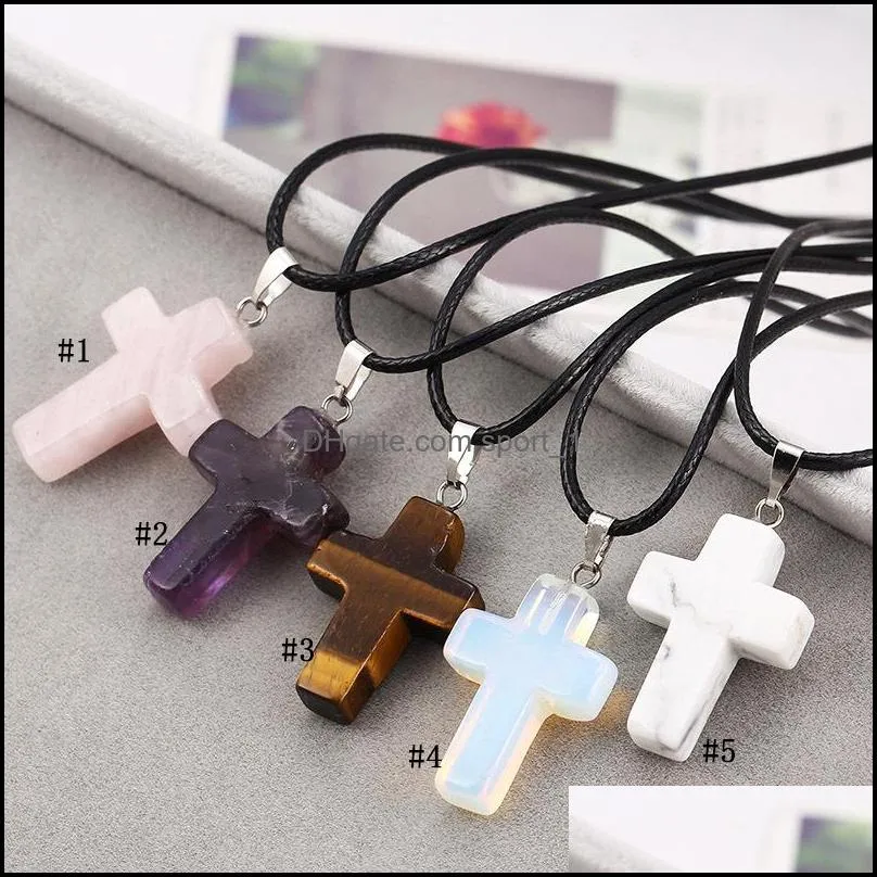 fashion christian cross necklace for women healing crystal quartz chakra natural stone crucifix pendant leather string rope chains