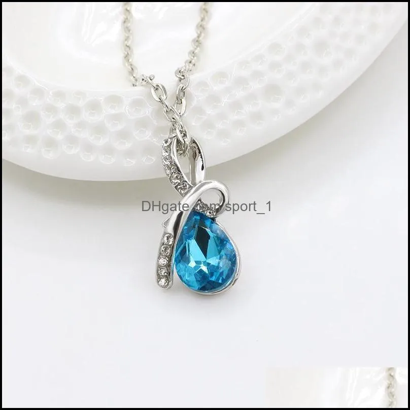 fashion womens teardrop shaped pendant necklace austrian crystal rhinestones tear drop charm silver plated chain for ladies luxury