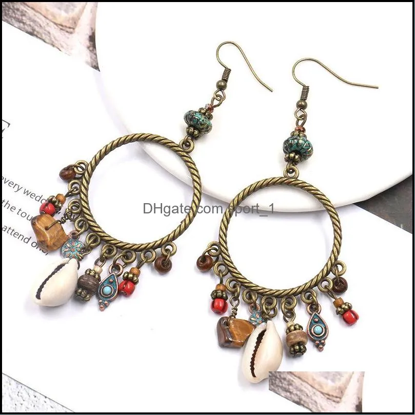 sale bohemian shell circle beaded hoop earrings for women geometric vintage gold alloy fashion long hanging earrings jewelry wholesale