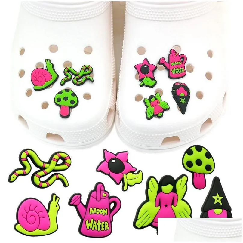 moq 100pcs garden magic cartoon croc charms 2d soft rubber shoe accessories shoes buckles funny shoe charm decorations for womens sandals wristband