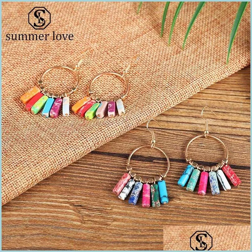 boho high quality colorful narural stone ball dangle earring for women elegant gold alloy beads drop earring party wedding jeweley