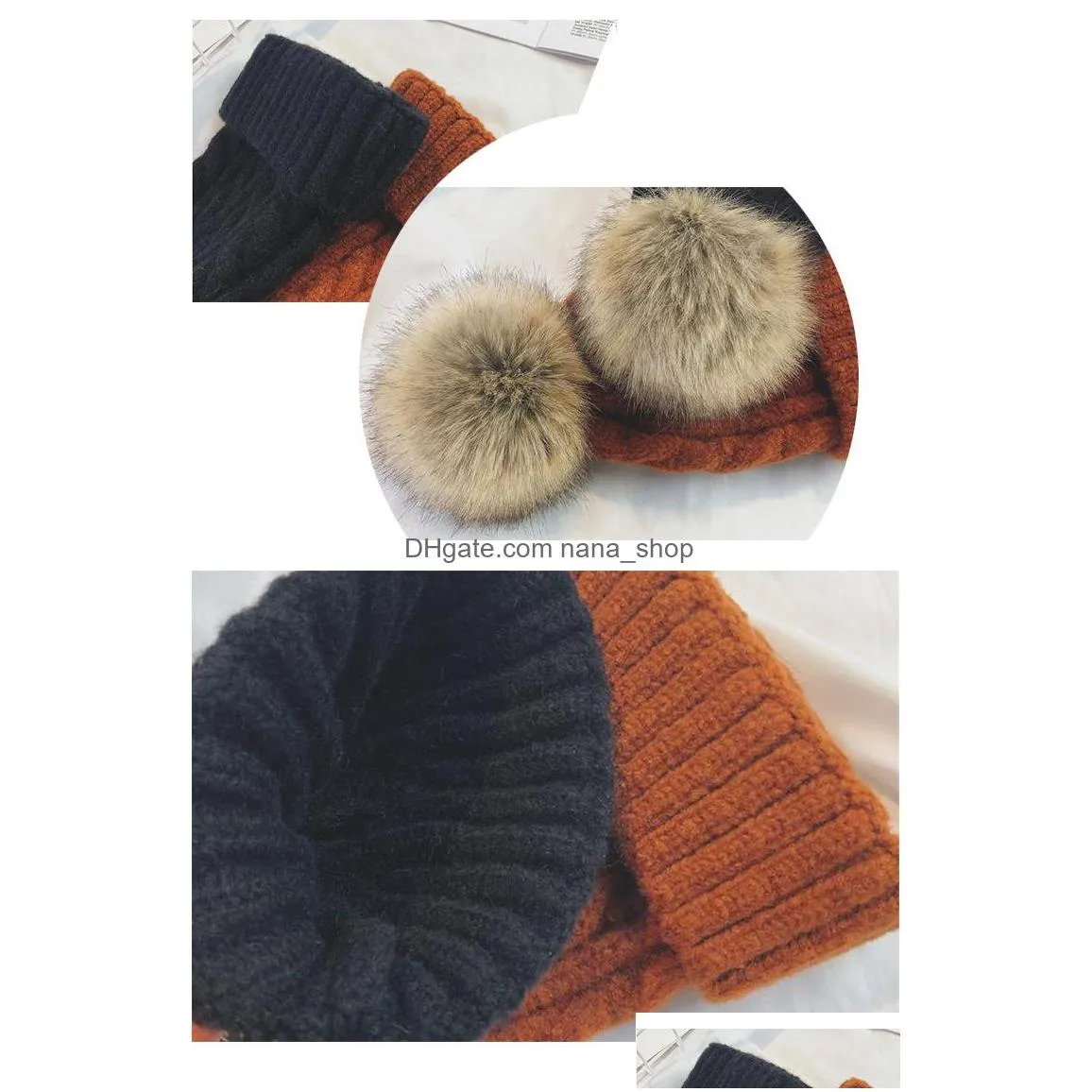 autumn winter womens knitted hat warm beanies faux fur ball caps lady knitted hat