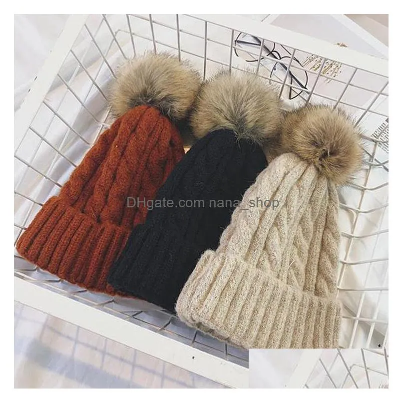 autumn winter womens knitted hat warm beanies faux fur ball caps lady knitted hat
