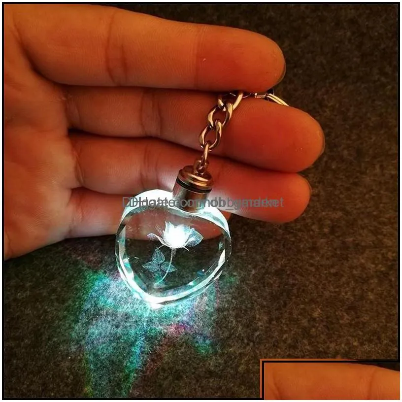 key rings jewelry fashion rose heart crystal flashlight chains holder changing mticolor led lights couple keychain drop delivery 2021