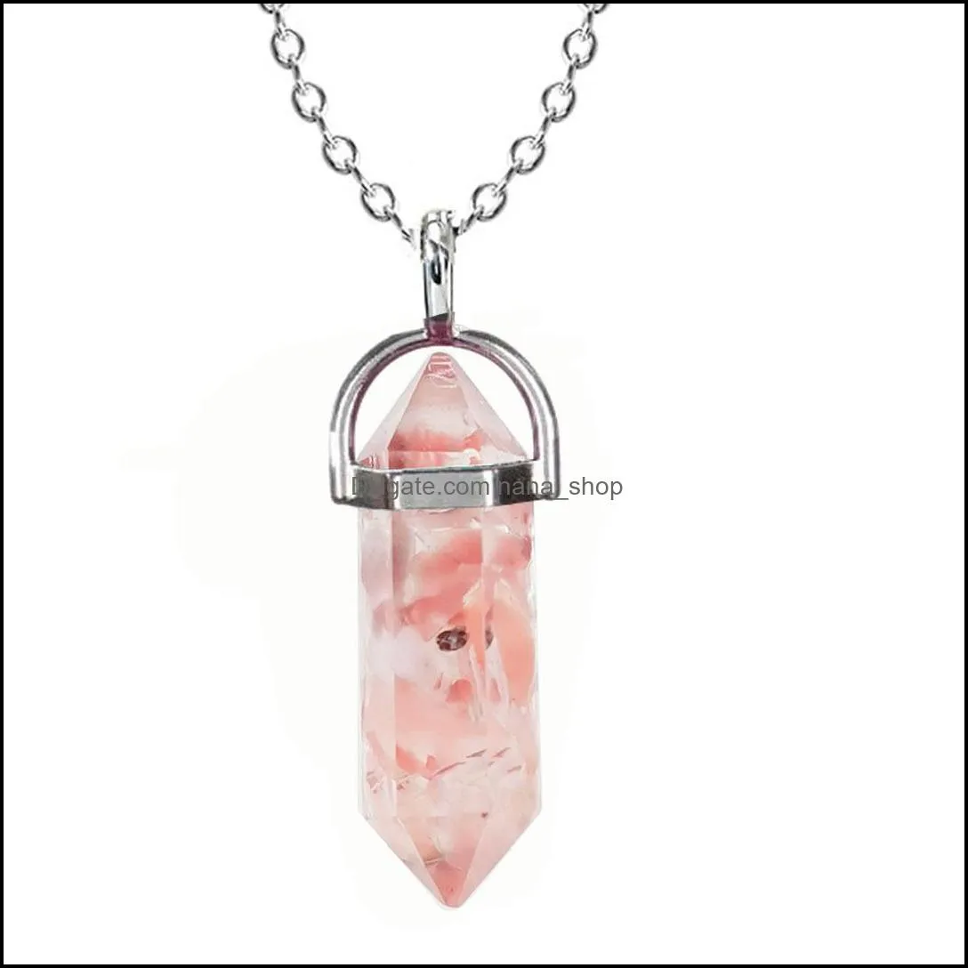 natural chips stone chakra reiki healing hexagonal necklaces opal amethysts pink quartz crystal pendulum necklace