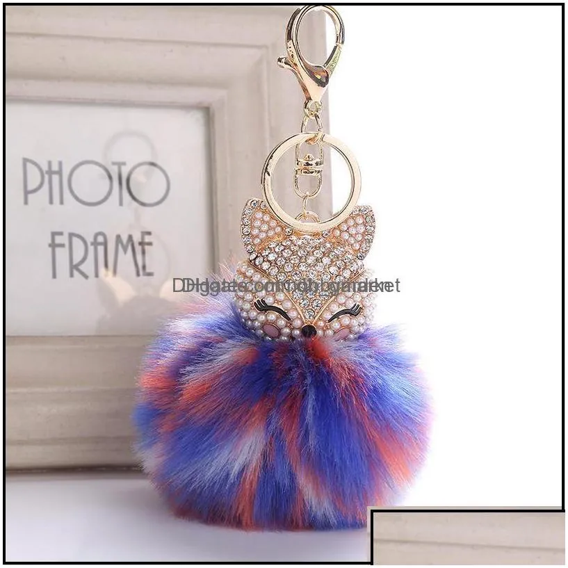 key rings jewelry cute animal pompom for women fur ball rhinestone keychain bag car keyring fluffy keyfobs holder party gift kimterb763s