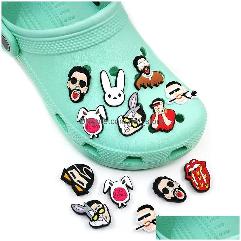 moq 100pcs bad bunny pattern croc jibz charm 2d soft pvc shoe charms accessories fashion shoe buckles decorations fit sandals fans souvenir