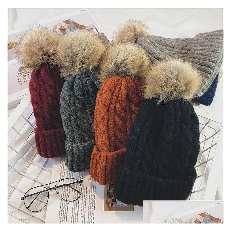 autumn winter womens knitted hat warm beanies faux fur ball caps lady knitted hat