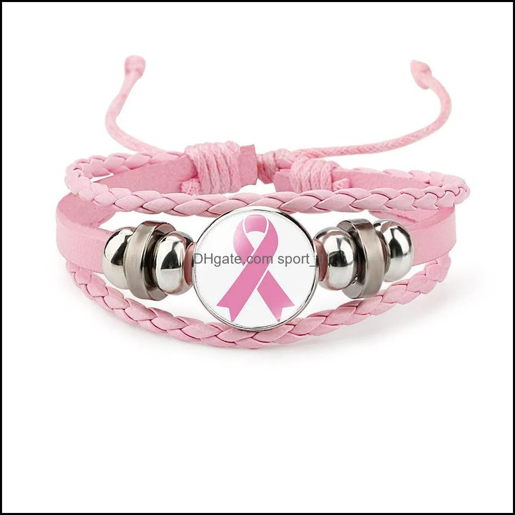  breast cancer awareness bracelet for women ribbon charm faith hope love braided leather rope wrap bangle fashion jewelry