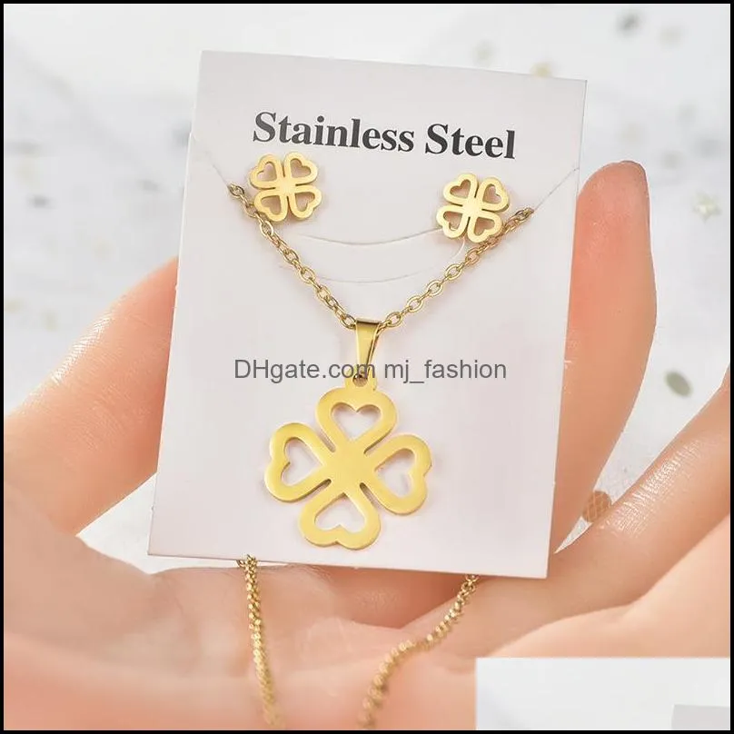 simple animals plants flowers butterfly pendant necklace earrings set korean style stainless steel jewelry set for women wedding gift