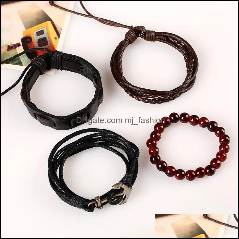 retro multilayer leather bracelets for man wooden beads bracelet handmade anchor wrap jewelry