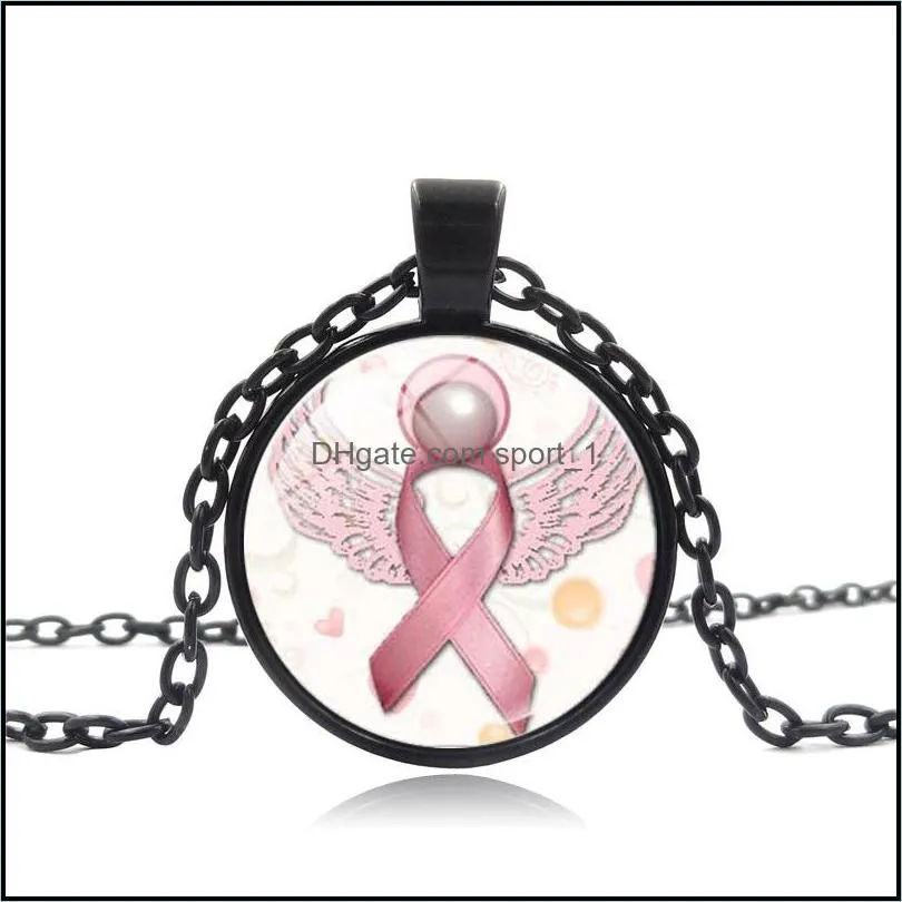  arrival pink ribbon glass gemstone pendant necklaces breast cancer awareness necklace for women mens fashion jewelry