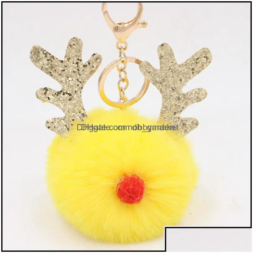 key rings jewelry fur pom keychain fake rabbit hair ball porte clef pompom de fourrure fluffy bag charms christmas antler keyring drop