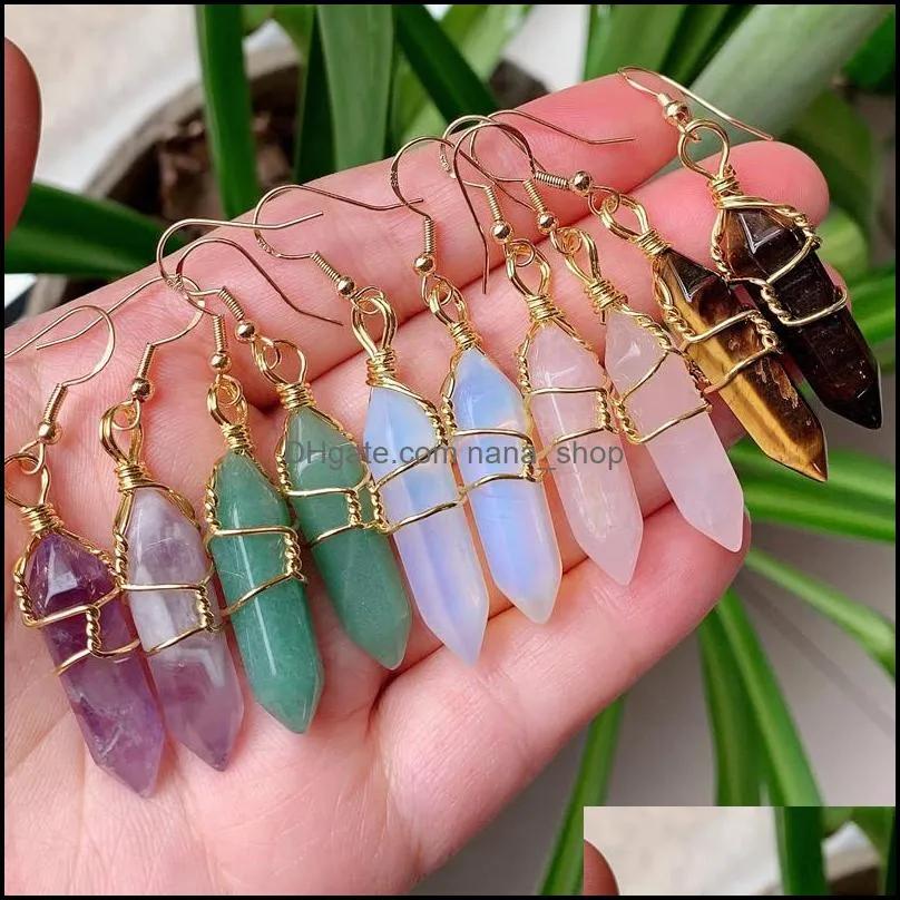 natural stone dangles earrings wire wrap hexagonal point bullet drop pendulum amethysts quartz purple healing crystal earring