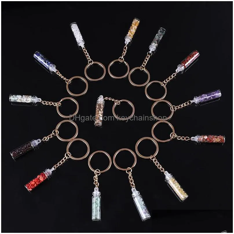 fashion gravel hearling crystal key chain rings energy stone drift bottle keychain accessories