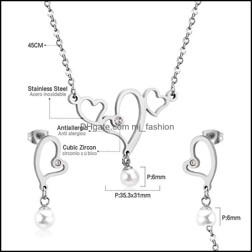 heart shaped stainless steel pendant necklace and earrings set in jewelry for women with chain jewellry parts