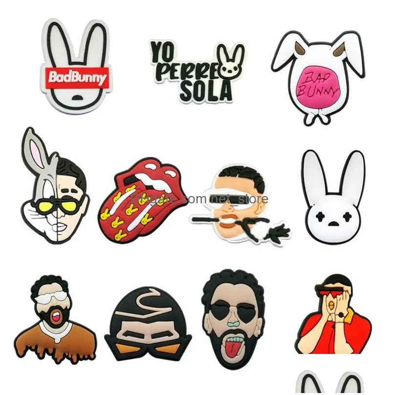 20pcs/set bad bunny series croc charms 2d soft pvc clog shoe parts charms accessories jibz shoes buckles decorations fit kids bracelets sandals