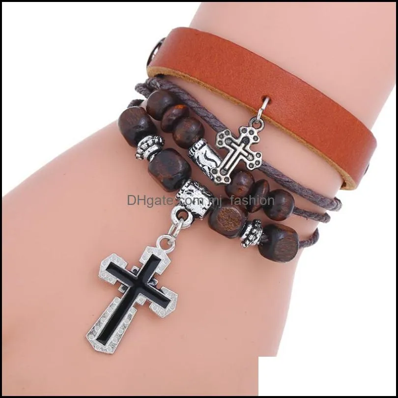 personalized beaded cross leather bracelet retro jewelry lovers bracelets bangles homme male jewellry