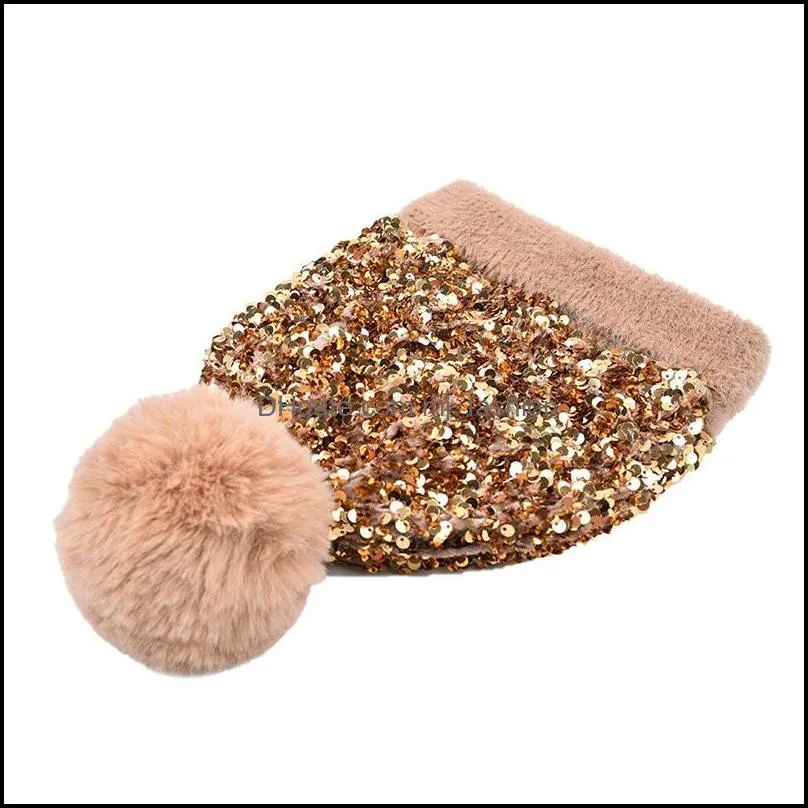 woman street sequin knitted beanie hat ladies fur ball fashion thick winter hats woolen cap thickened warm detachable