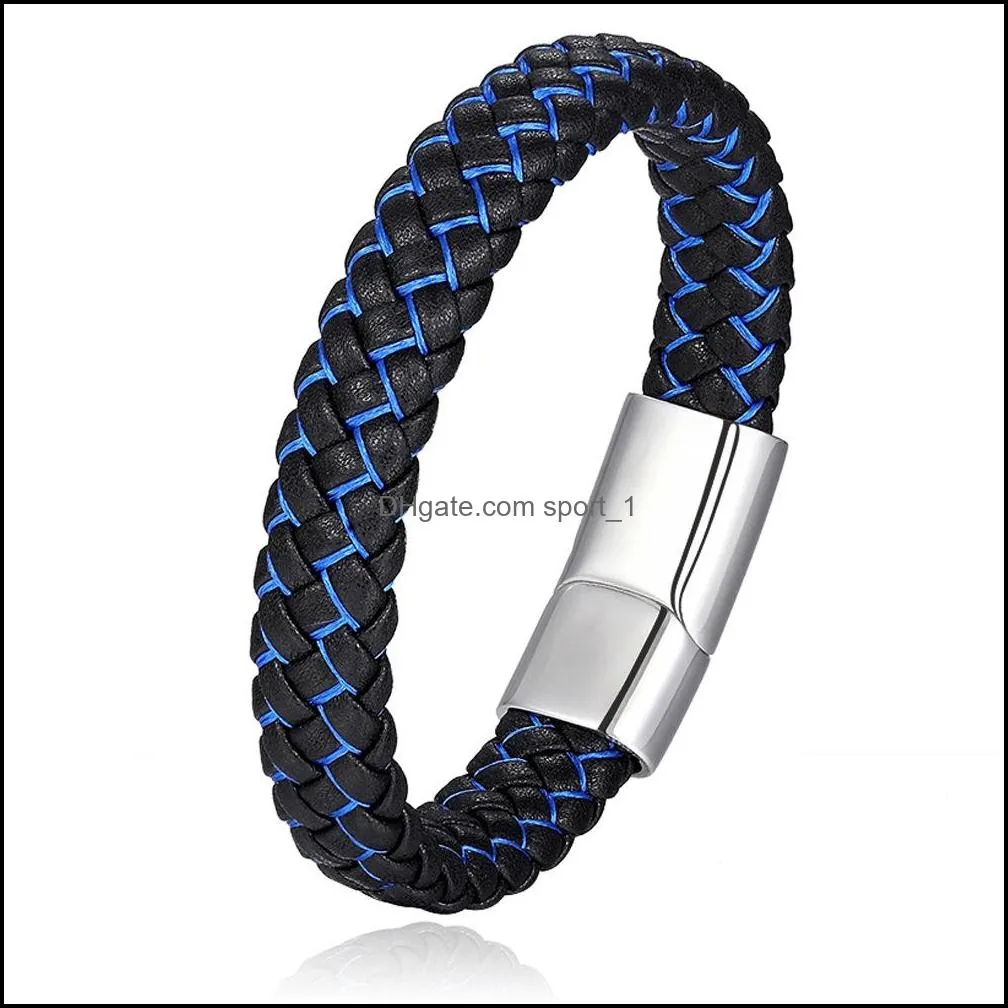 mens trendy genuine leather charm bracelets multilayer blue black braided rope handmade stainless steel buckle wrap bangle diy jewelry