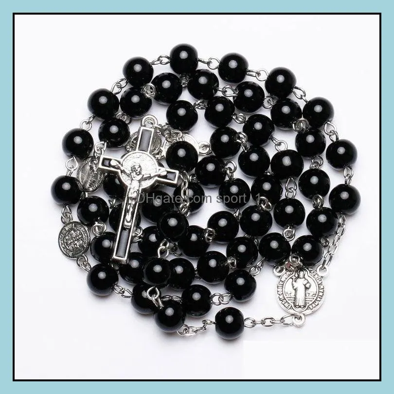 mens catholic rosary necklace for women christian jesus virgin mary cross crucifix pendant galss beaded chains luxury jewelry in bulk