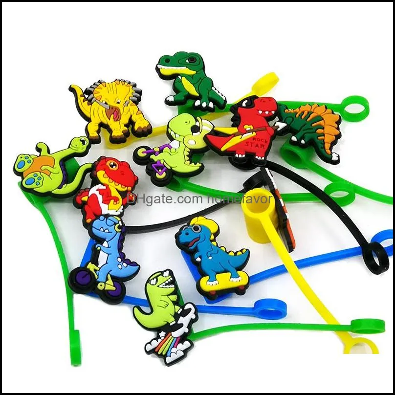 custom dinosaur silicone straw toppers accessories cover charms reusable splash proof drinking dust plug decorative 8mm straw party