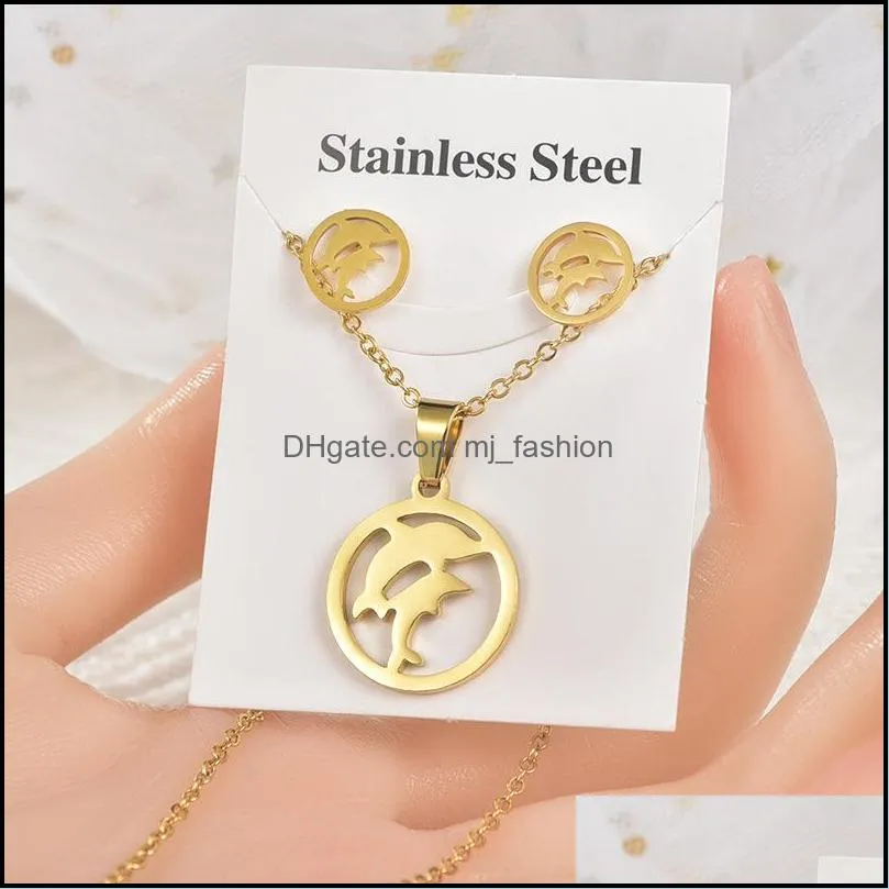 simple animals plants flowers butterfly pendant necklace earrings set korean style stainless steel jewelry set for women wedding gift