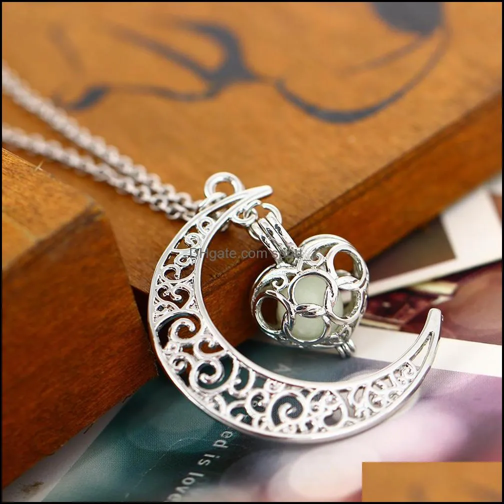  glow in the dark heart moon necklaces for women men hollow crescent shape luminous beads pendant chains fashion jewelry