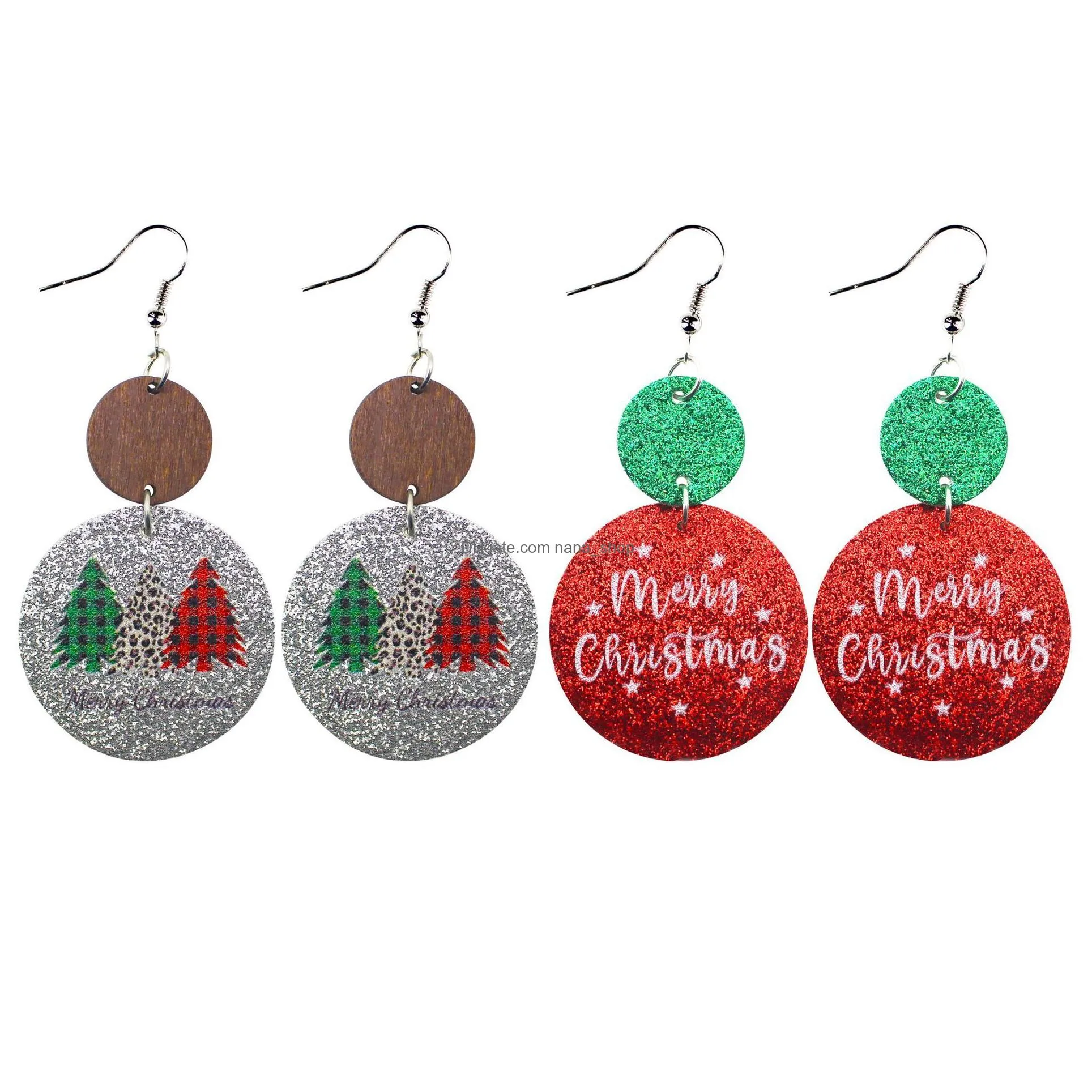 christmas dangle earrings for women round pu leather christmas tree letters wood earrings