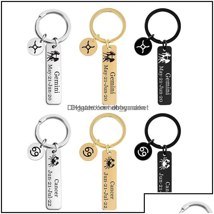 key rings jewelry gold 12 star sign horoscope keychain stainless steel bar gemini taurus virgo month ring bag hangs fashion will and drop