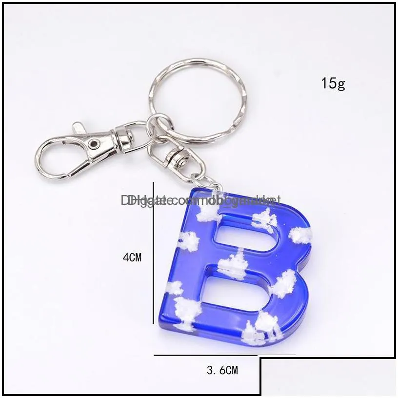 key rings jewelry creative 26 initials letter blue sky cloud keychain for car keys acrylic resin charm bags girl christmas gift drop