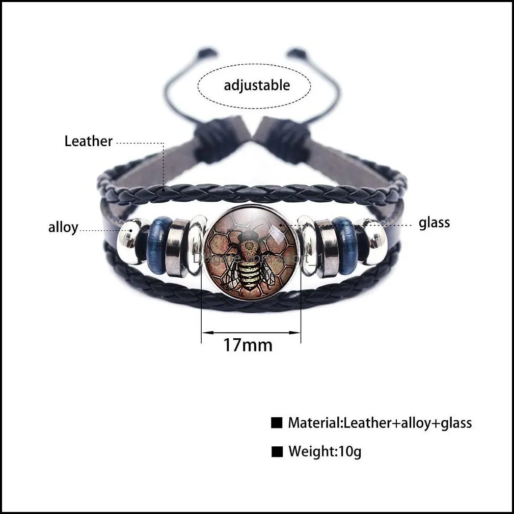 17mm bee glass tray multilayer leather bracelet for women men adjustable size zinc alloy charm bracelet fashion jewelry