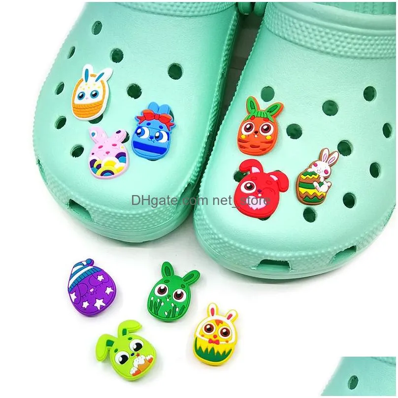 moq 100pcs colorful easter eggs pattern croc charm 2d soft pvc shoe charms buckles kawaii shoe accessories decorations for kids sandals wristband party