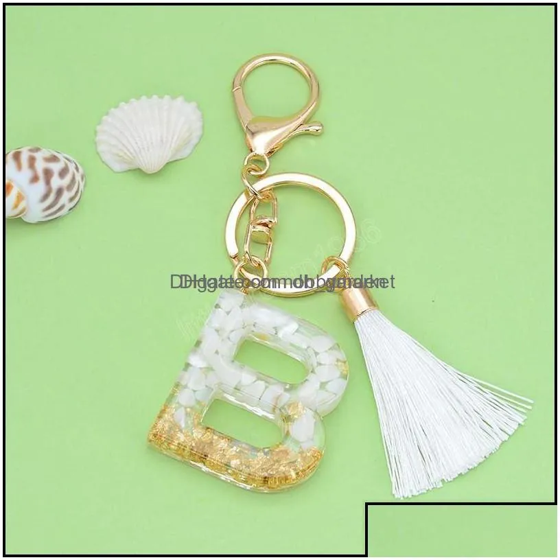 key rings jewelry gold color letters keychain with white tassel az 26 chain handbag charms plastic crystal pendant ring gifts drop
