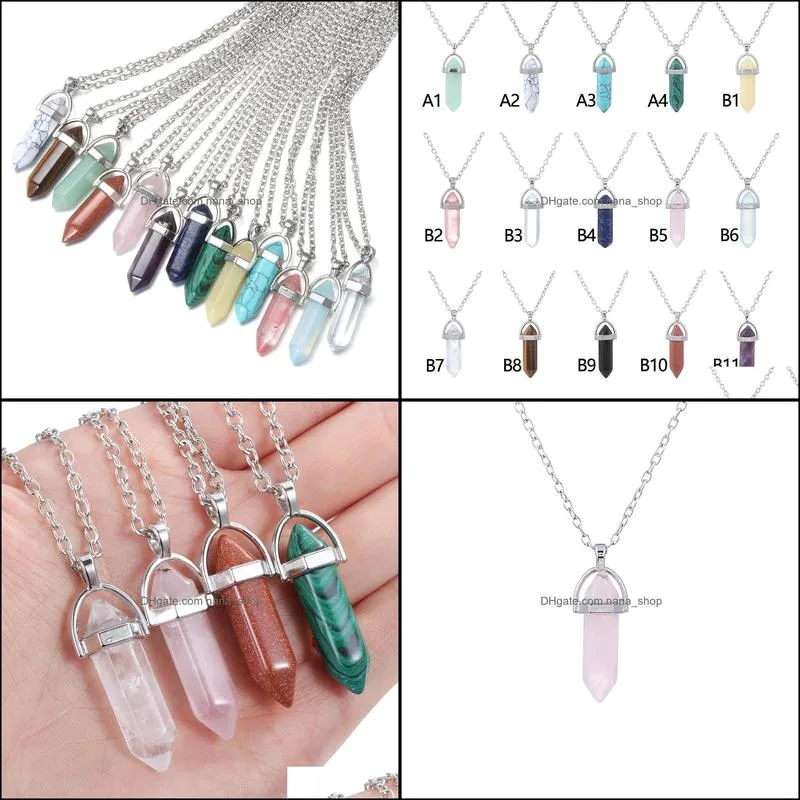 silver plated natural quartz crystal hexagonal pendant chakra healing point pendulum stone necklace jewelry accessories