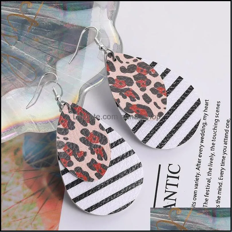 fashion pu leather zebra waterdrop earring for women colorful leopard double layer silver plating hook statement earrings jewelry gift