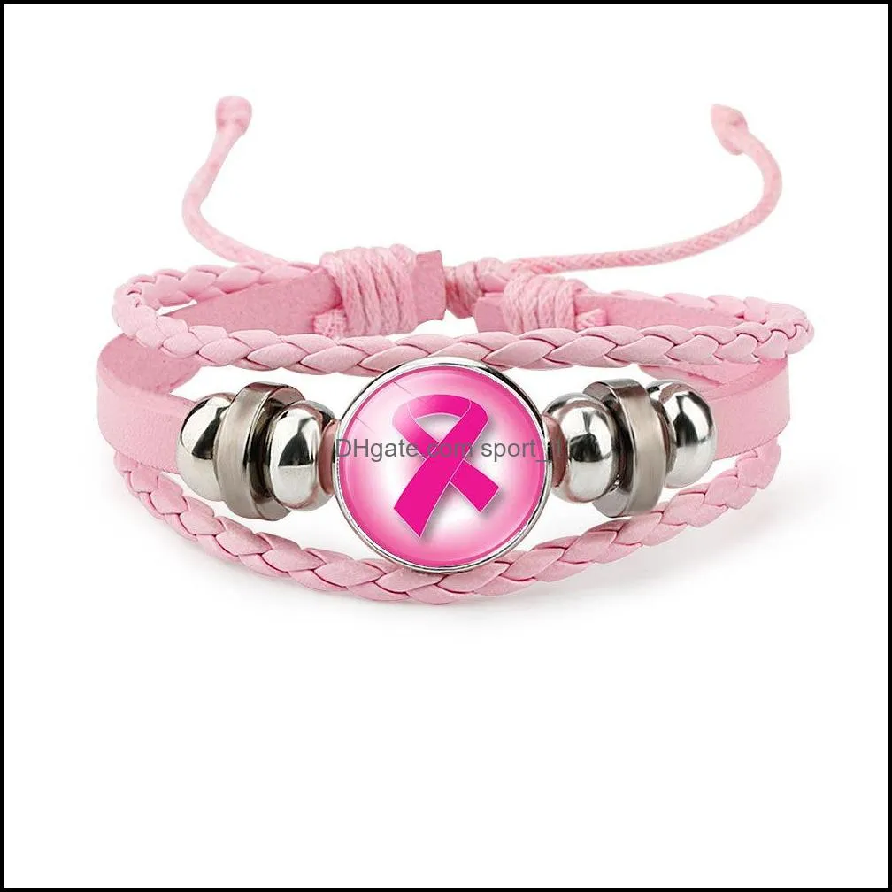  breast cancer awareness bracelet for women ribbon charm faith hope love braided leather rope wrap bangle fashion jewelry