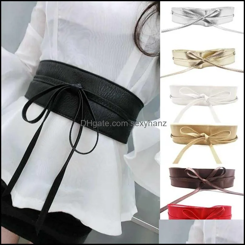 1pc fashion spring autumn women lady belts fashion metallic color soft faux leather wide belt self tie wrap waist mujer dress 20220222
