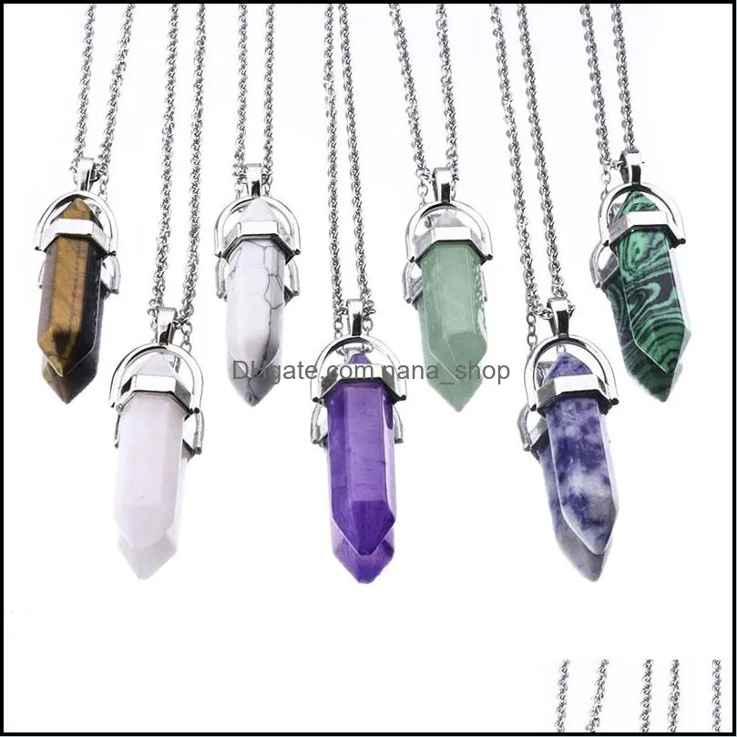 30colors hexagonal crystal pink purple quartz natural stone pendant chakra druzy necklace with 50cm stainless steel chain