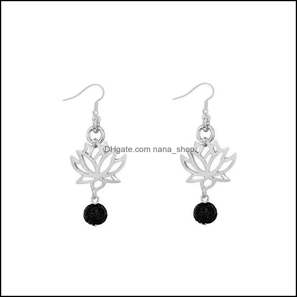 6styles silver gold color black lava stone lotus earrings diy aromatherapy  oil diffuser dangle earings jewelry women