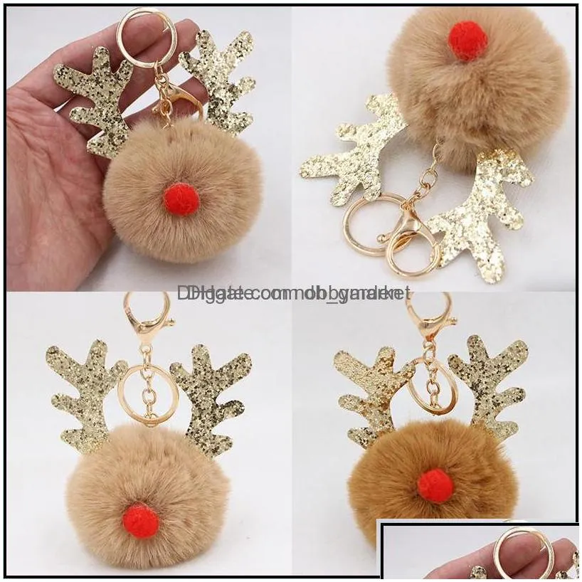 key rings jewelry fur pom keychain fake rabbit hair ball porte clef pompom de fourrure fluffy bag charms christmas antler keyring drop