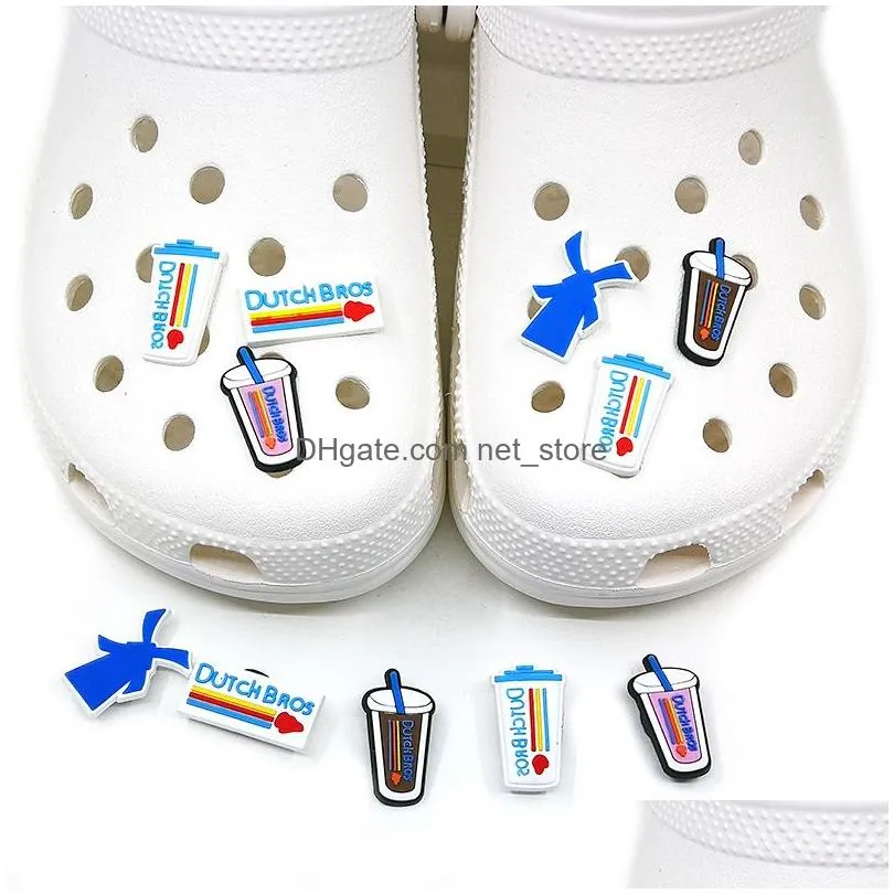 moq 100pcs dutch coffee pattern croc jibz charm 2d soft plastic shoe accessories shoe buckles charms decorations fit party supplies garden shoes