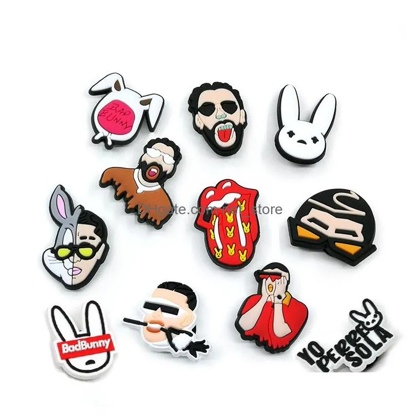 moq 100pcs bad bunny pattern croc jibz charm 2d soft pvc shoe charms accessories fashion shoe buckles decorations fit sandals fans souvenir