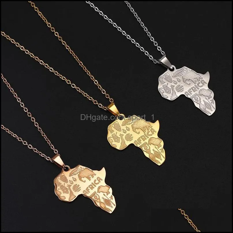 hip hop africa map necklaces stainless steel pendant elephant giraffe lion animal for men women fashion jewelry gift
