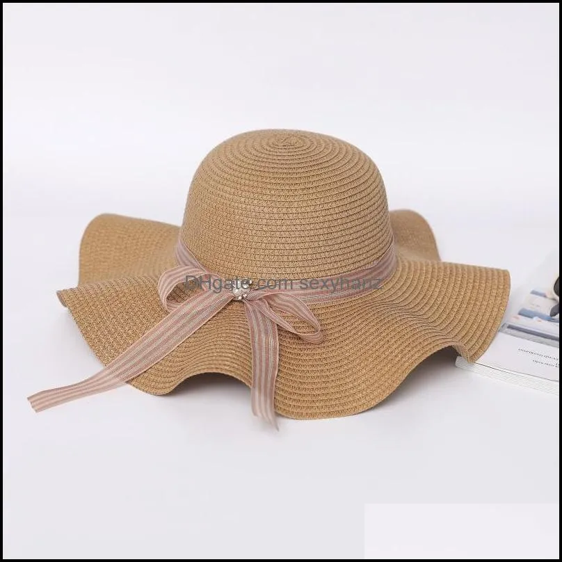 wide brim hats ribbon pearl panama straw hat women folds summer bow beach style fisherman female male sunhat lady 3462 q2