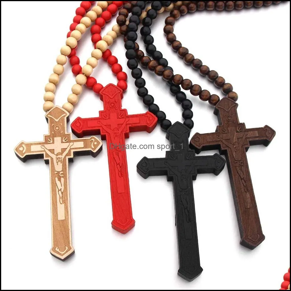 wooden cross pendant necklaces men christian religious wood crucifix charm rosary beads chains for women hip hop jewelry gift