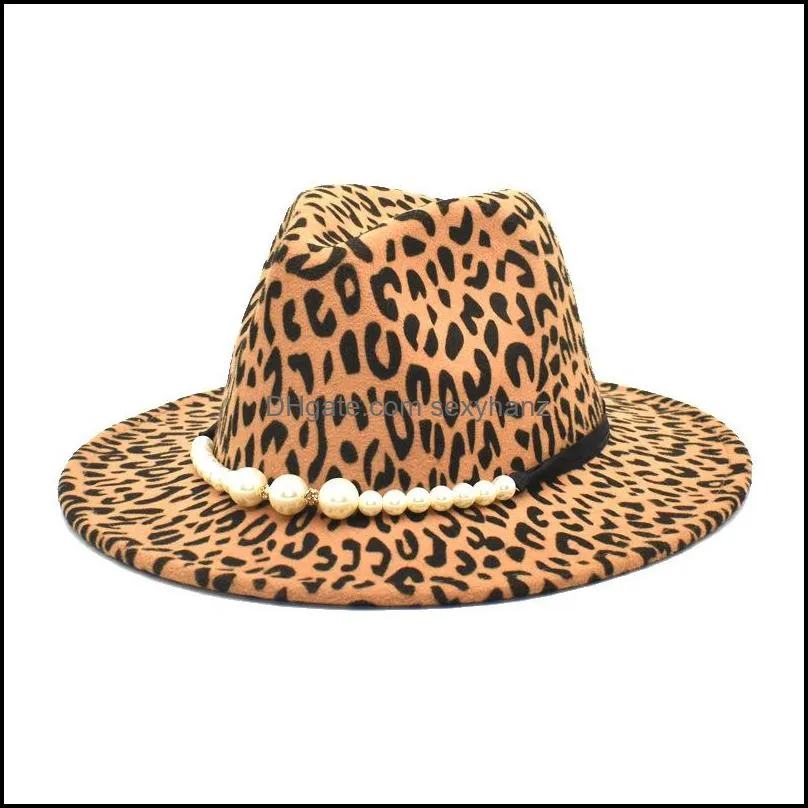 wide brim hats fashion retro leopard print pearl jazz top hat winter imitation woolen ladies versatile fedora panama 3608 q2