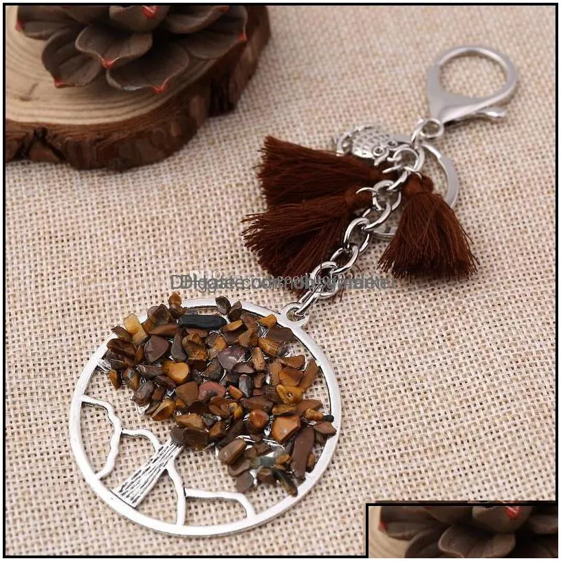 key rings jewelry natural stone tree of life keychain owl tassel chain bag fashion drop delivery 2021 tf986