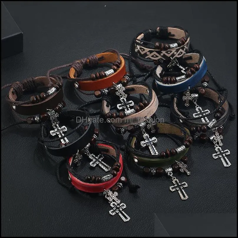 personalized beaded cross leather bracelet retro jewelry lovers bracelets bangles homme male jewellry