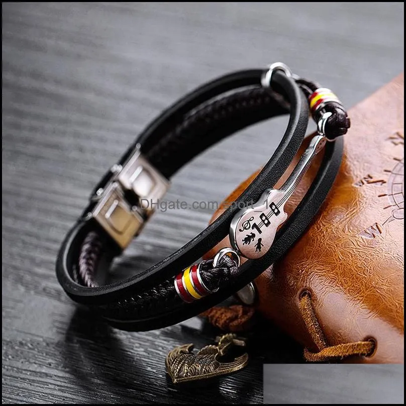 stainless steel mini guitar leather bracelets for men punk personalized genuine leather rope bangle music charm fashion jewelry gift